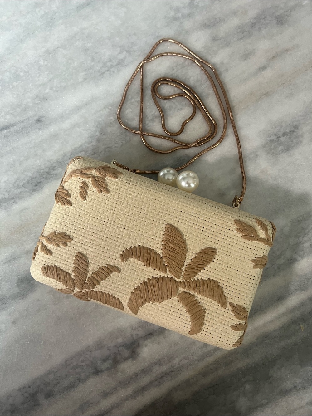 Urban Expressions Woven Palm Embroidered Clutch in Cream and Tan
